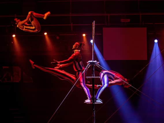 Trapeze artists in action at Blackpool Tower Circus pictures Caroline Graham