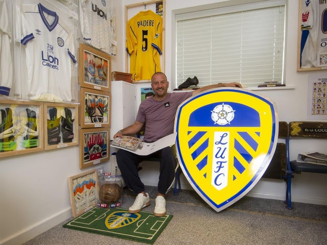 Ben with a badge taken from Elland Road, the latest addition to his collection.