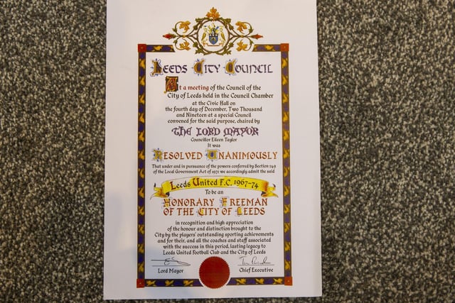 A certificate from Leeds City Council giving the Freedom of the City to 1967-1974 side.