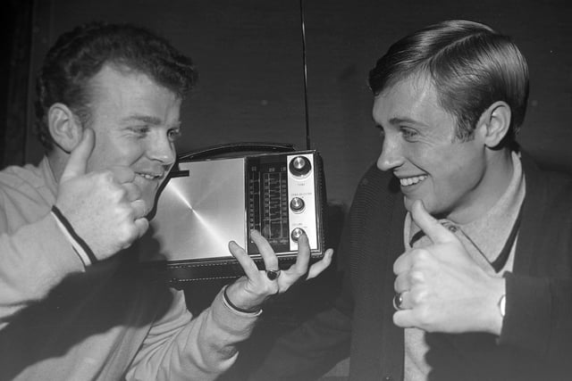 Thumbs up from Billy Bremner and Jimmy Greenhoff after Leeds United were drawn against Derby County at home in the third round of the FA Cup.