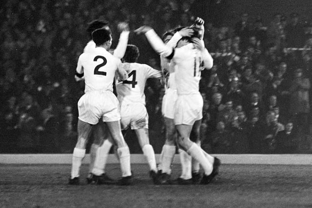 Inter Cities Fairs Cup round four second leg action from Elland Road as Leeds United beat Glasgow Rangers 2-0 to progress after a goalless first leg.