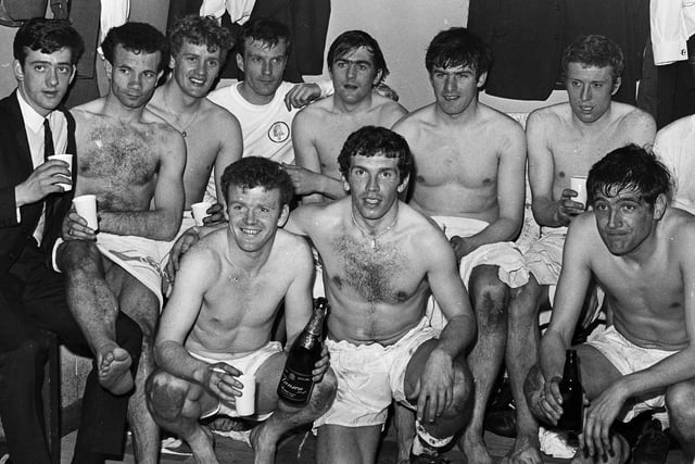 The players celebrate in the dressing room after a goal from Eddie Gray in the second leg of the Inter-Cities Fairs Cup semi-final second leg against Dundee was enough to send Leeds through.