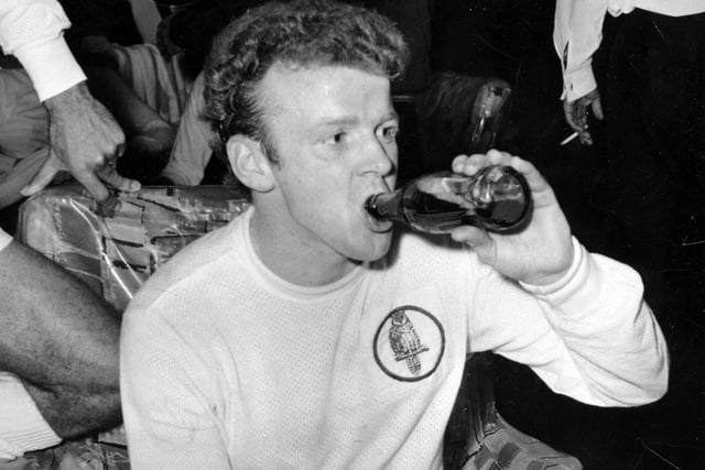 Billy Bremner enjoys a drink in the dressing room after Leeds United drew 0-0 away to win the Inter-Cities Fairs Cup final against Ferencvaros.