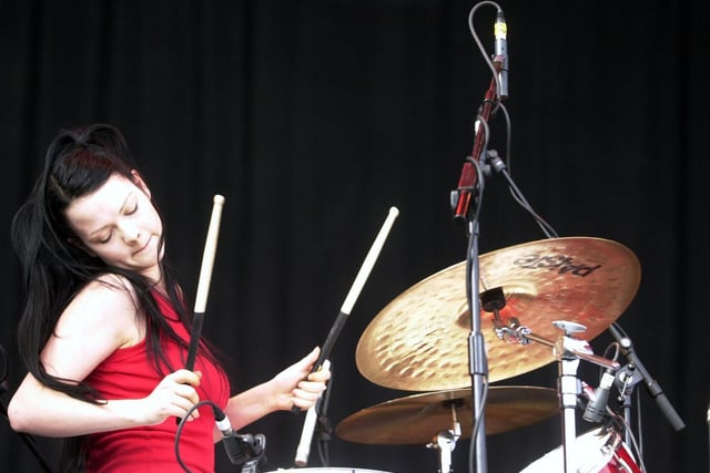 Meg White, of The White Stripes on the main stage in August 2002. Photo: Gerard Binks