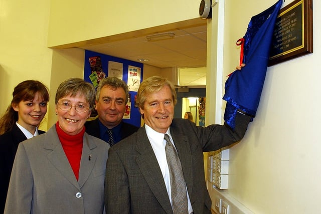 Coronation Street actor William Roache MBE officially opens the new music and drama suite at Southlands High School, Chorley which was dedicated to Marjorie Gee, second from left, Chair of Governors at the school for 20 years. Also pi
