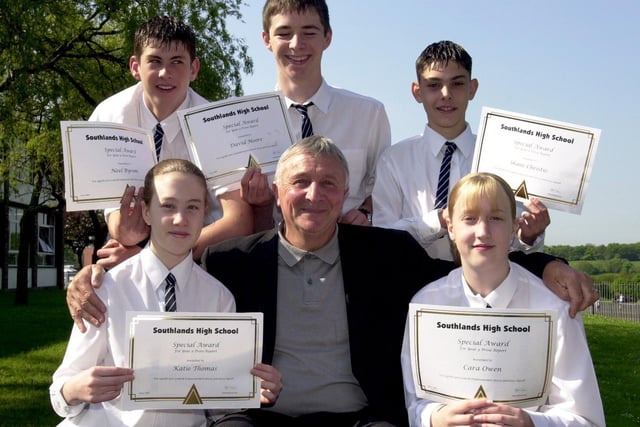 Former Manchester City and England player, Mike Sumerbee presents special awards to five Southlands High School pupils. They are, clockwise from rear left, Neel (correct) Byrom, David Moore, Shane Christie, Katie Thomas and Cara Owen