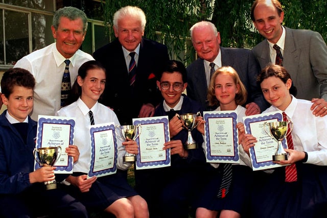 Ronnie Clayton, Roy Hartle and Tom Finney, join Southlands Headmaster John Lawson, rear right, in congratulating Soutlands Annual Achievement Award winners