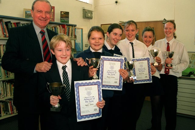 Jimmy Armfield with the Southlands High School Achievers, from left, Hayden Clelow, Stacey Williams, Clare Nolan, Hannah Kay, Chloe Millard and Sarah Lawson