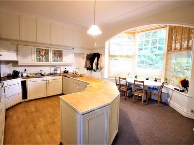 Large windows are a feature in this kitchen.