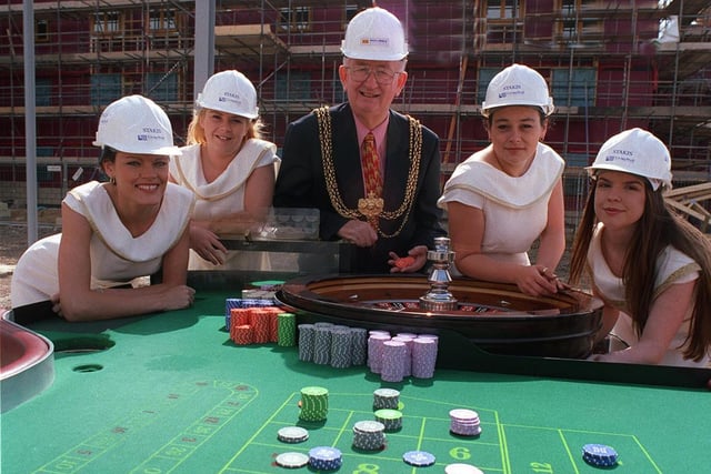 Lord Mayor of Leeds Coun Graham Kirkland visited the site of the new Stakis Club in Westgate to spin the first roulette wheel. Pictured with croupiers, from left, Nicky Garnett, Becky Slack, Rachael Baxter and Catherine Ogden.