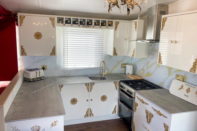 Features of the luxurious caravan include chandeliers in every single room, including in the bathroom.