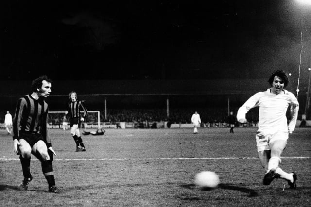 Eddie Gray scores the third goal for Leeds United in a 3-1 victory against  Huddersfield Town in April 1972.
