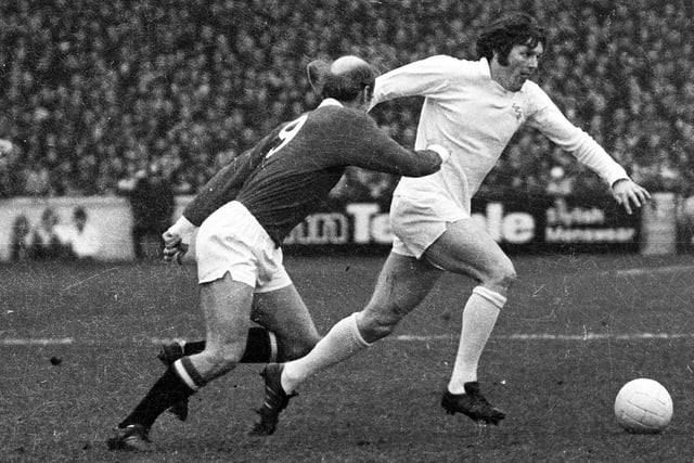 Eddie Gray goes past Manchester United's Bobby Charlton as Leeds demolished the Red Devils 5-1 at Elland Road in February 1972.