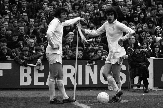 Another fantastic photo from Leeds United's 5-1 win against Manchester United at Elland Road in February 1972. Eddie Gray and Peter Lorimer plot at a corner.