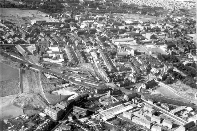 General view of Morley in August 1968 showing main housing, shopping and industrial areas. Town Hall is visible in the distance.