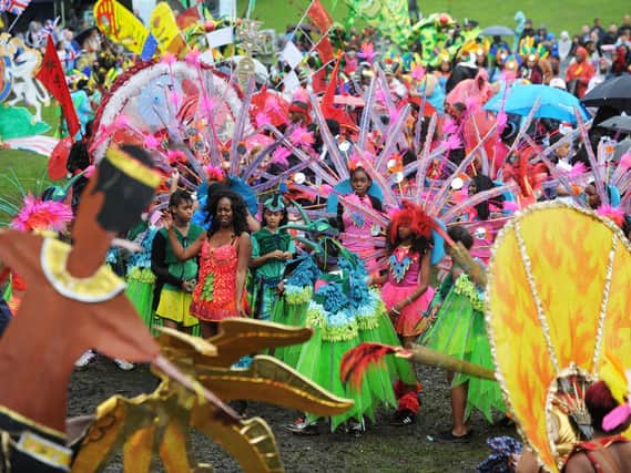 A sea of colour as performers prepare for the The 45th Leeds West Indian Carnival in August 2012.