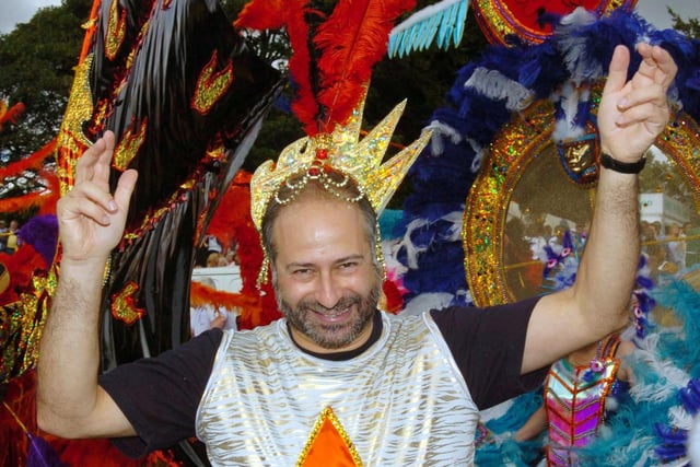 Leeds North East Fabian Hamilton wearing his costume and headress at the carnival in 2004.