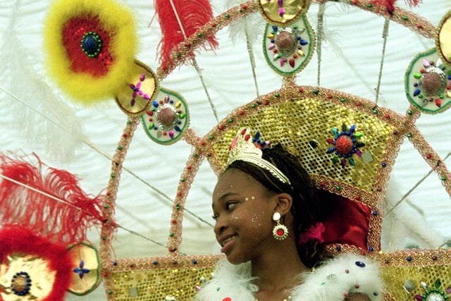 Felicia James, aged 12, in a costume called Princess of Siam, designed by Gloria Fredrick of Leeds, winner of the Carnival Princess contest in August 2000.