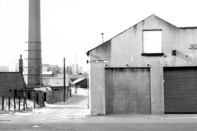 Ivory Street down Kidacre Street. The refuse distructor can be seen to the left along with buildings part of Leeds Corporation Cleansing Department. Circa 1977.