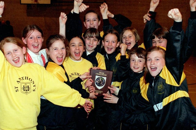 Winners of the girls section of the Preston Primary Schools, Indoor Athletics Championships, at West View Leisure Centre, Preston, St Anthony's R.C. School, Fulwood, celebrate their win
