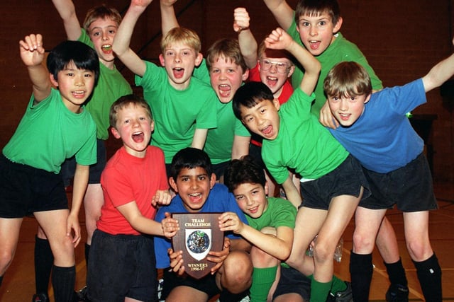 Winners of the boys section of the Preston Primary Schools, Indoor Athletics Championships, at West View Leisure Centre, Preston, St Pius Xth R.C. School, Fulwood, celebrate their win
