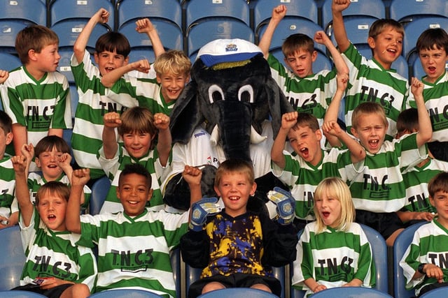 White Laith Rangers football team received special invitation to look around Elland Road. Pictured are some of the players with Leeds United mascot Ellie the Elephant.