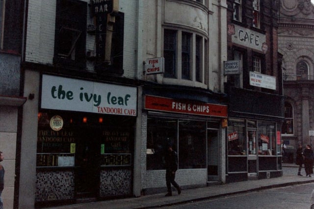 1992 and this photo shows the fish and chip shop on Call Lane, with the Ivy Leaf tandoori cafe next door. The Corn Exchange is just visible in background.