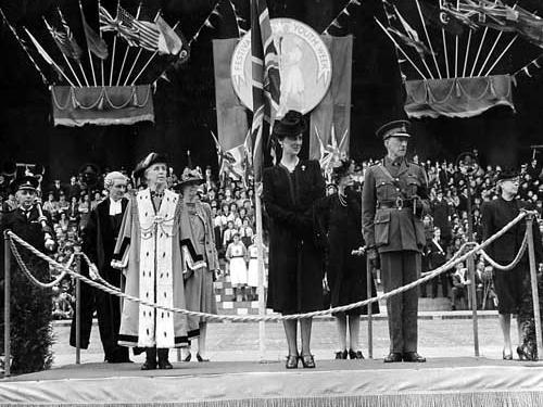 In the centre of the view is the Duchess of Kent, taking the final march past salute at the end of Youth Week in 1943. The lady on the left is Lord Mayor Jessie Beatrice Kitson, standing behind is Miss E. Lupton, Lady Mayoress.