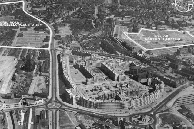 An aerial view showing Quarry Hill Flats under construction in the late 1930s. Snaking down from the top left is York Road next to an area marked as 'York Road re-development area'.