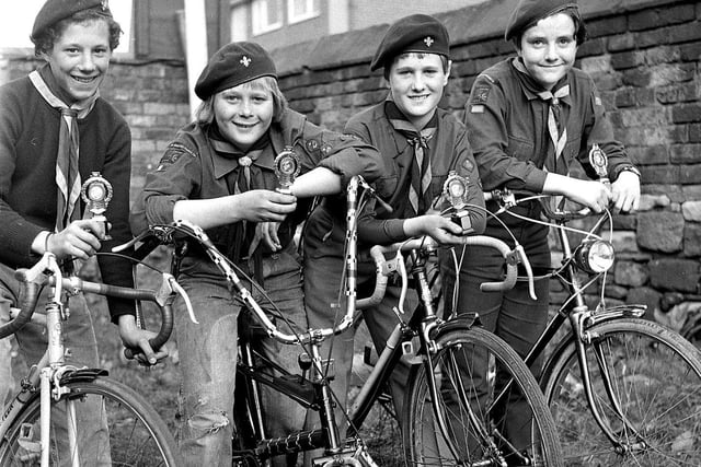 Wigan Scouts receive their cycling proficiency awards in 1972