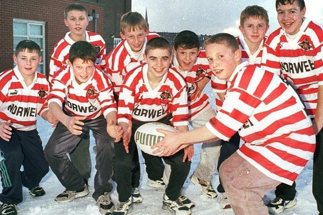 RETRO 1996 - Rose Bridge High School rugby team members join Rugby League North West Counties squad of players in 1996.