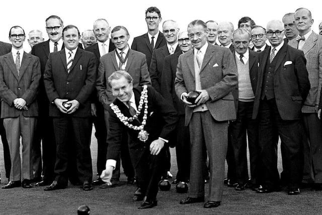 RETRO 1972 - Wigan Subscription Bowling Club members invite the mayor of Wigan to send the first  bowl of the new season along the green in 1972.