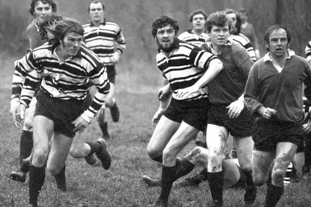 Rugby action at Wigan Rugby Union club in 1974