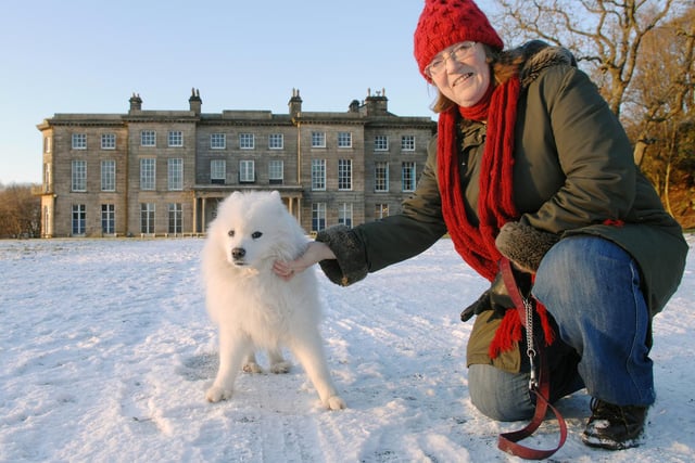 Barbara Walsh, from Beech Hill with her dog Tasha in the snow at Haigh Hall