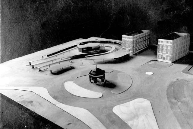 Model for proposed Leeds Central bus station, showing buildings at the bottom of Eastgate. The round building in the centre was to become a petrol filling station.