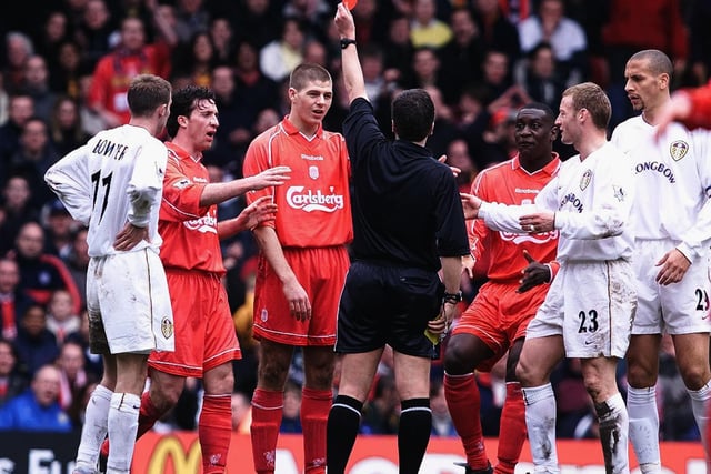 Steven Gerrard saw red for a second bookable offence after he upended David Batty in a midfield tussle.