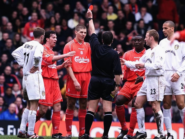Steven Gerrard saw red for a second bookable offence after he upended David Batty in a midfield tussle.