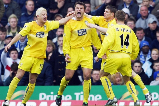 Mark Viduka celebrates scoring against the Blues at St Andrew's. It was the only highlight of a miserable day at the office for the Whites as they lost 4-1.