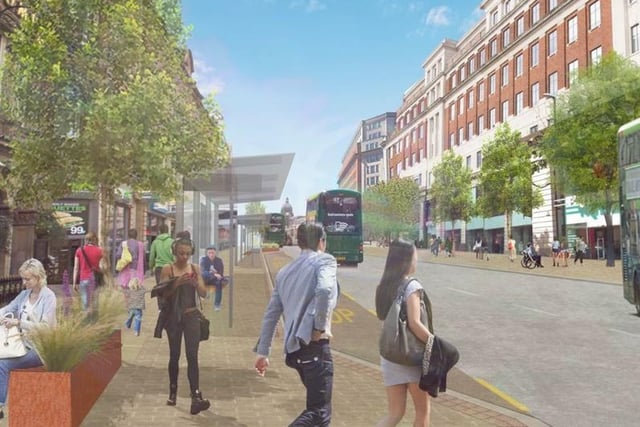 The £23m Headrow scheme is set to transform transport in the city centre into a "world-class gateways for bus users, pedestrians and cyclists". It's set to be completed by spring 2021.