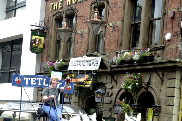 Tetley's Shire horses were  back on the streets of Leeds delivering beer to the Horse and Trumpet pub on The Headrow.