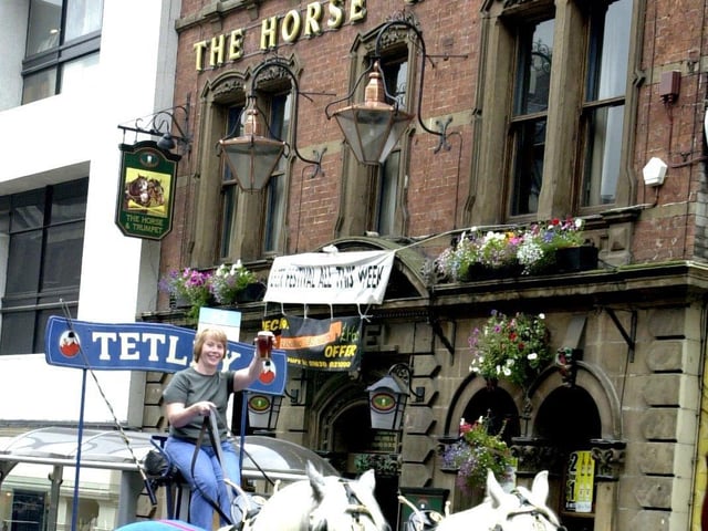 Tetley's Shire horses were back on the streets of Leeds delivering beer to the Horse and Trumpet pub on The Headrow.