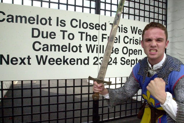 Camelot Theme Park's Sir Lancelot gets angry over the closure of the park due to petrol shortages