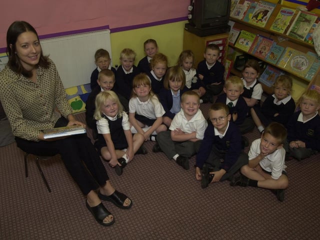 St Peter' s RC Primary School in 2002, Reception teacher Joanne Sykes with the morning group of new starters.