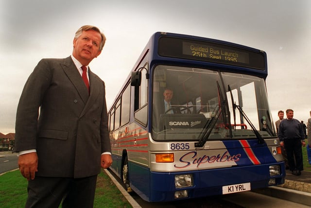 Steven Norris, the Minister of Public Transport, seen here at the launch of the Superbus on the city's first guided bus lane on the A61 Scott Hall Road.