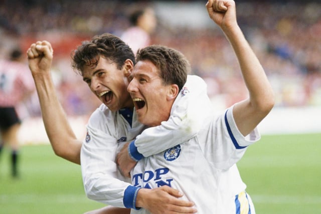 Join Pearson celebrates with Gary Speed after his header put Leeds United ahead with 20 minutes to go at Bramall Lane.