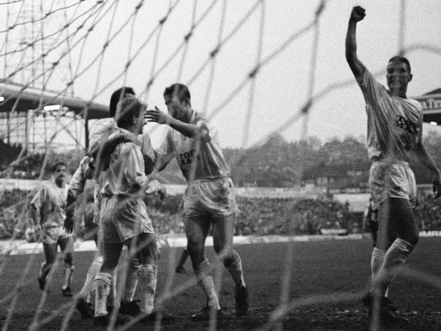 Gordon Strachan celebrates scoring from the penalty spot against Stoke City at Elland Road in January 1990. The Whites won 2-0.