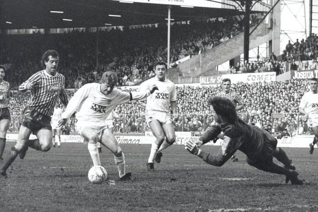 Gordon Strachan shoots during Leeds United's  clash with Sheffield United in April 1990. The Whites won 4-0.