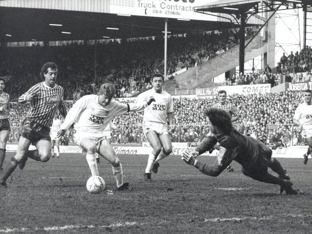 Gordon Strachan shoots during Leeds United's clash with Sheffield United in April 1990. The Whites won 4-0.
