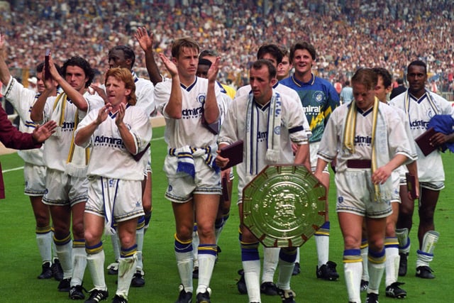 Gordon Strachan and teammates celebrate winning the Charity Shield at Wembley in August 1992.
