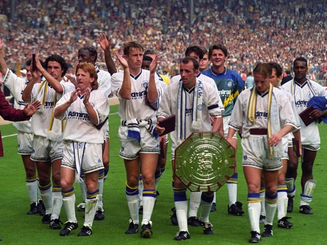 Gordon Strachan and teammates celebrate winning the Charity Shield at Wembley in August 1992.